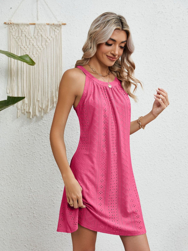 Eyelet Grecian Neck Mini Dress