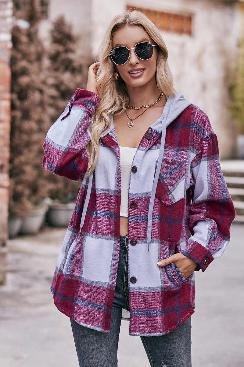 Mandy Plaid Dropped Shoulder Hooded Jacket