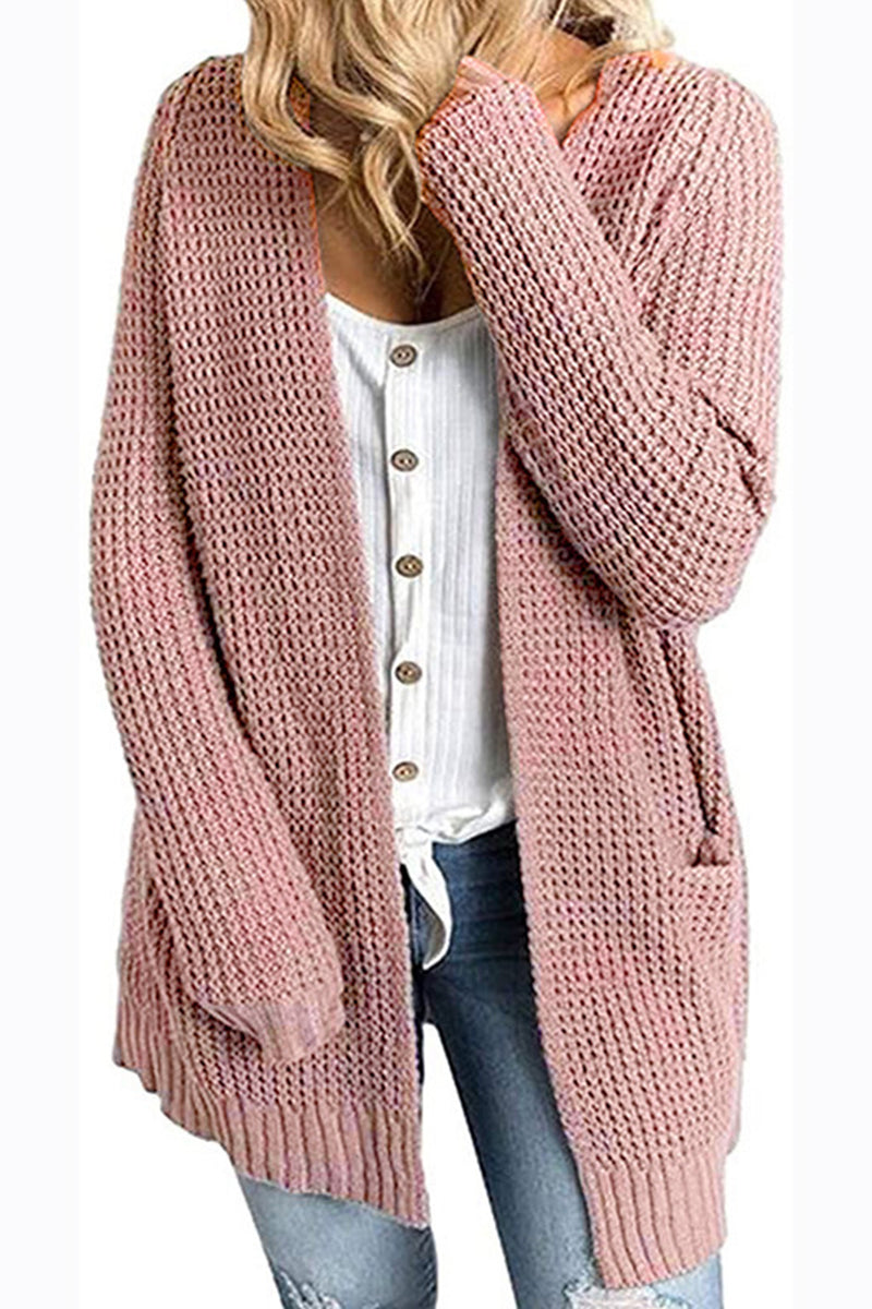 Rib-Knit Open Front Pocketed Cardigan