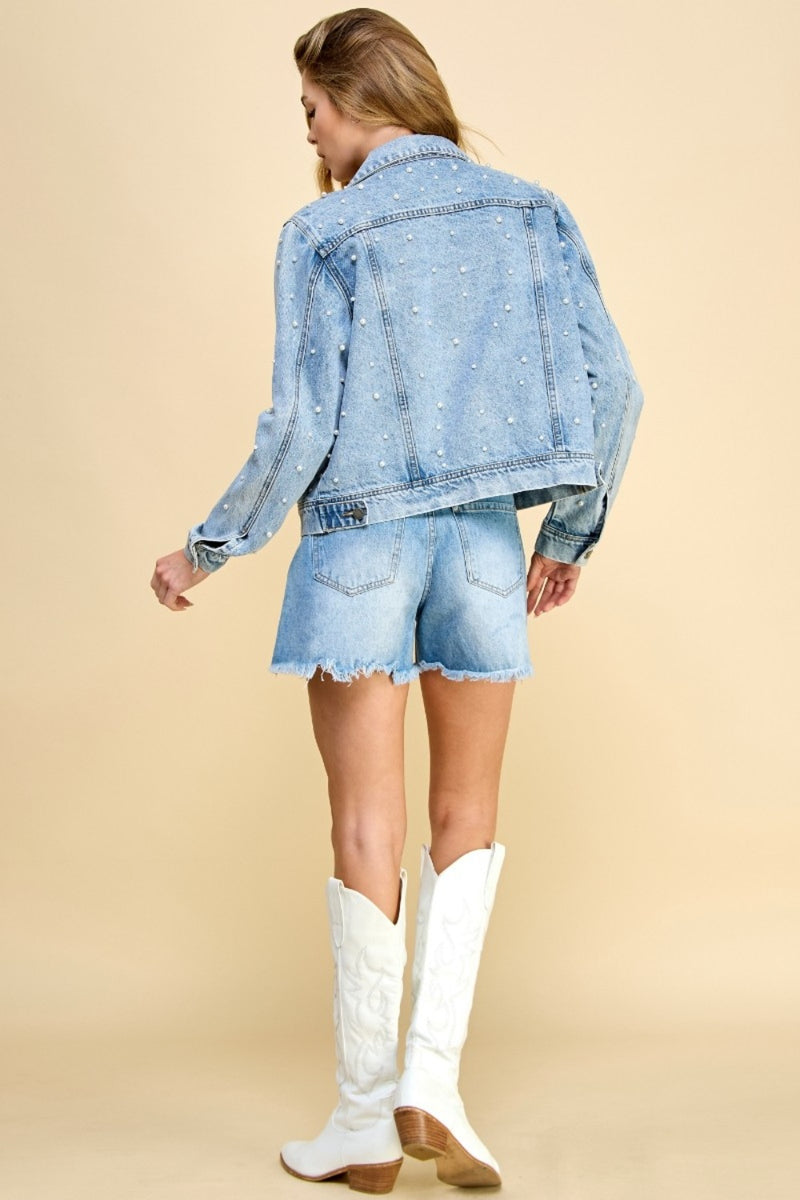 Veveret Button Up Pearl Detail Long Sleeve Denim Jacket