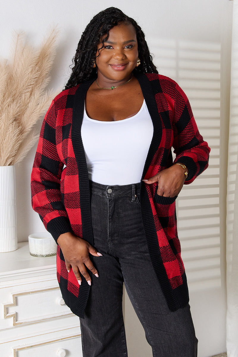 Heimish Full Size Plaid Open Front Cardigan with Pockets