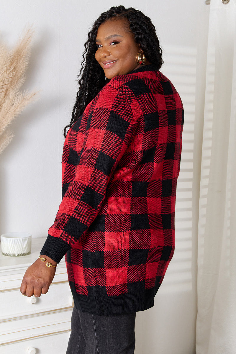 Heimish Full Size Plaid Open Front Cardigan with Pockets