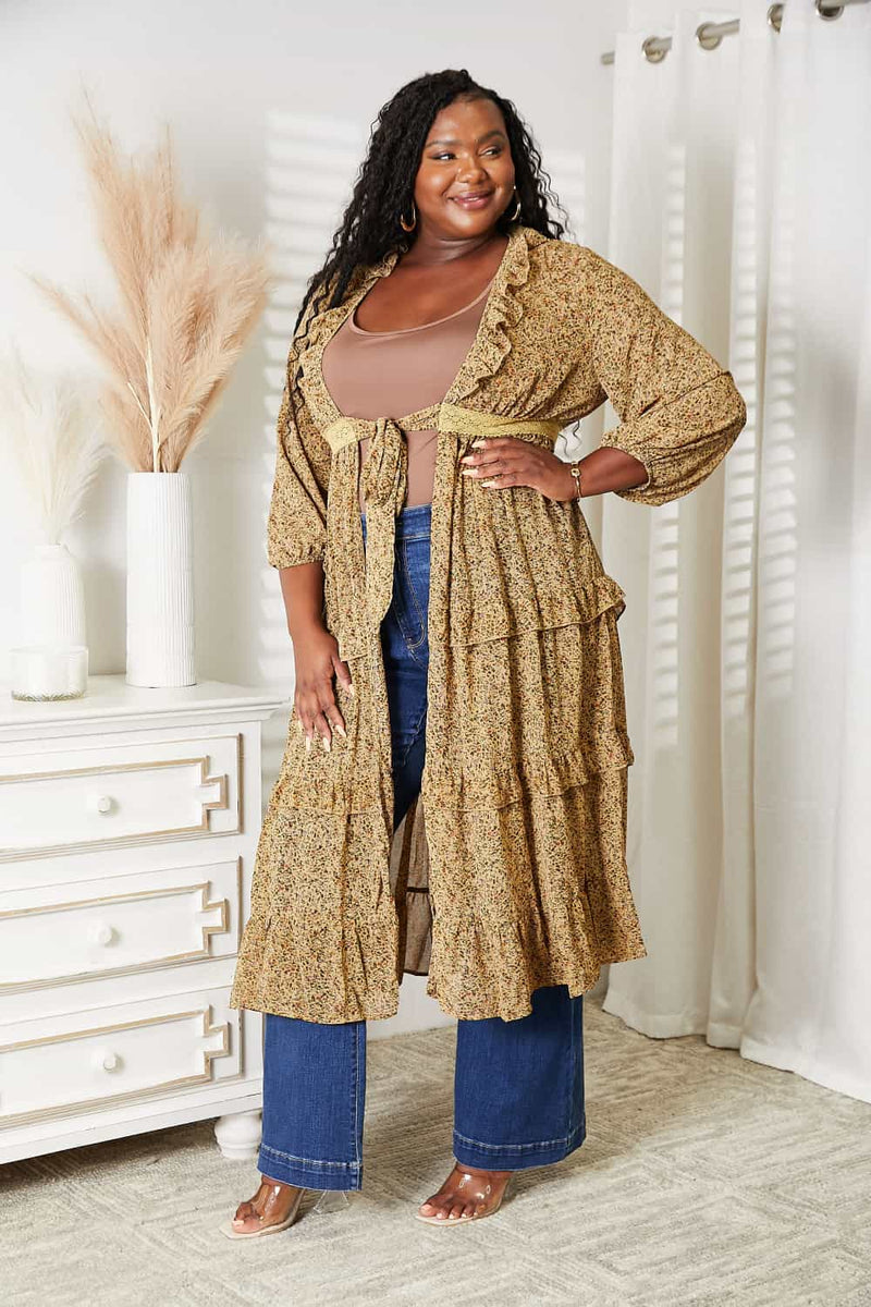 HEYSON Full Size Tie Front Ruffled Duster Cardigan