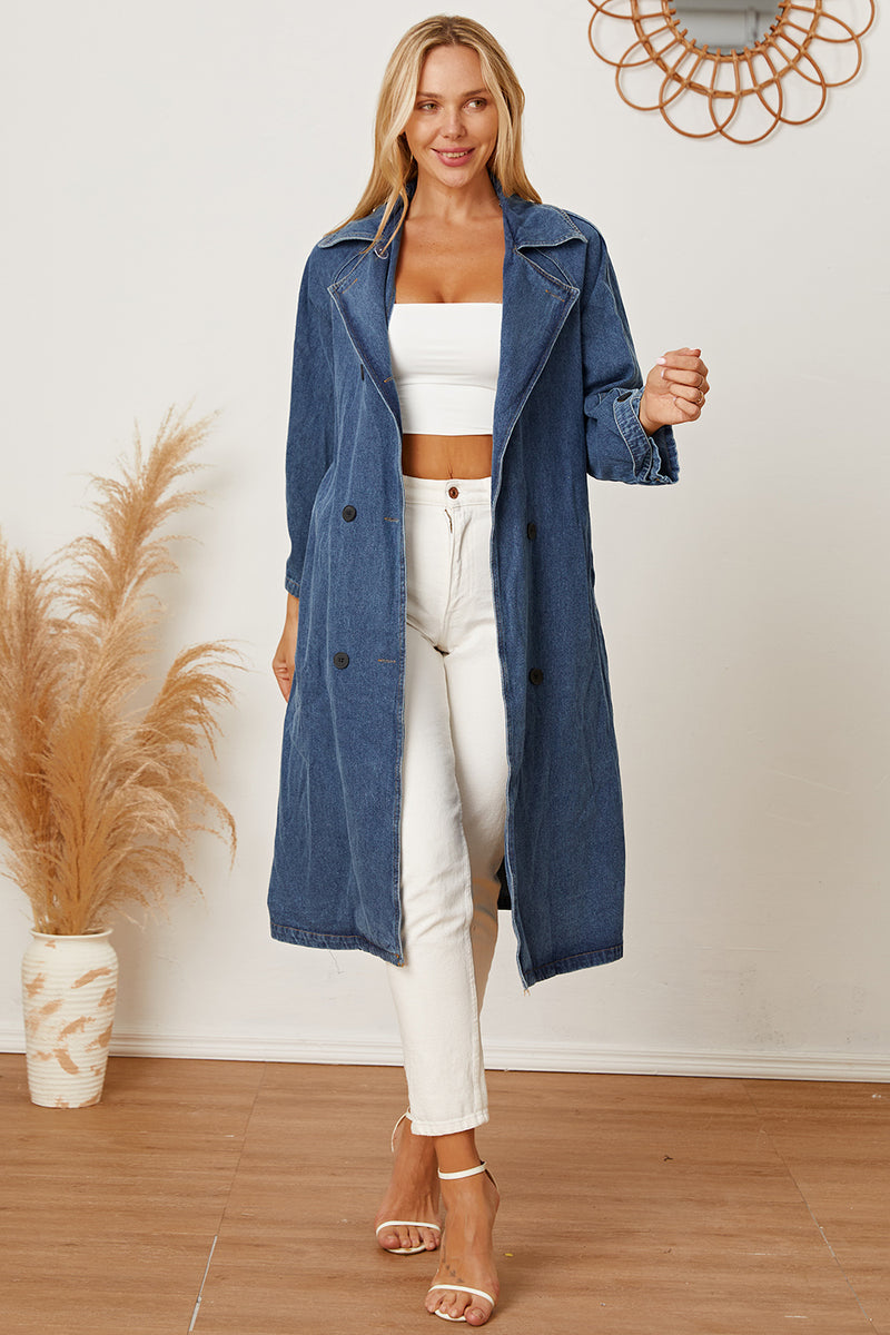 MeiMei Double-Breasted Belted Longline Denim Jacket