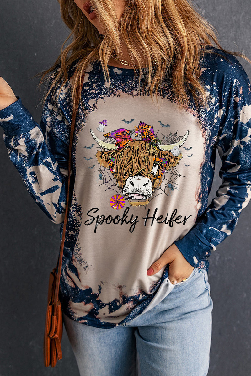 Round Neck Long Sleeve Printed SPOOKY HEIFER Graphic Tee