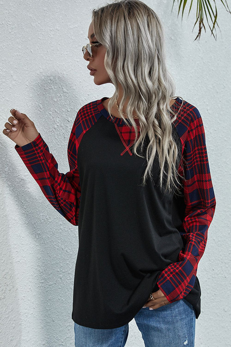 Plaid Print Long Raglan Sleeve Tee