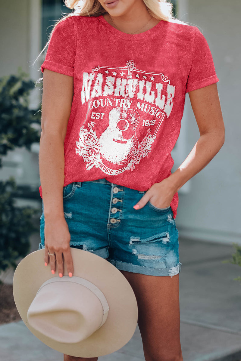 NASHVILLE COUNTRY MUSIC Graphic Round Neck Tee Shirt