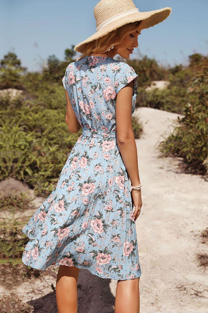 Floral Tie-Waist Pleated Dress - AM APPAREL