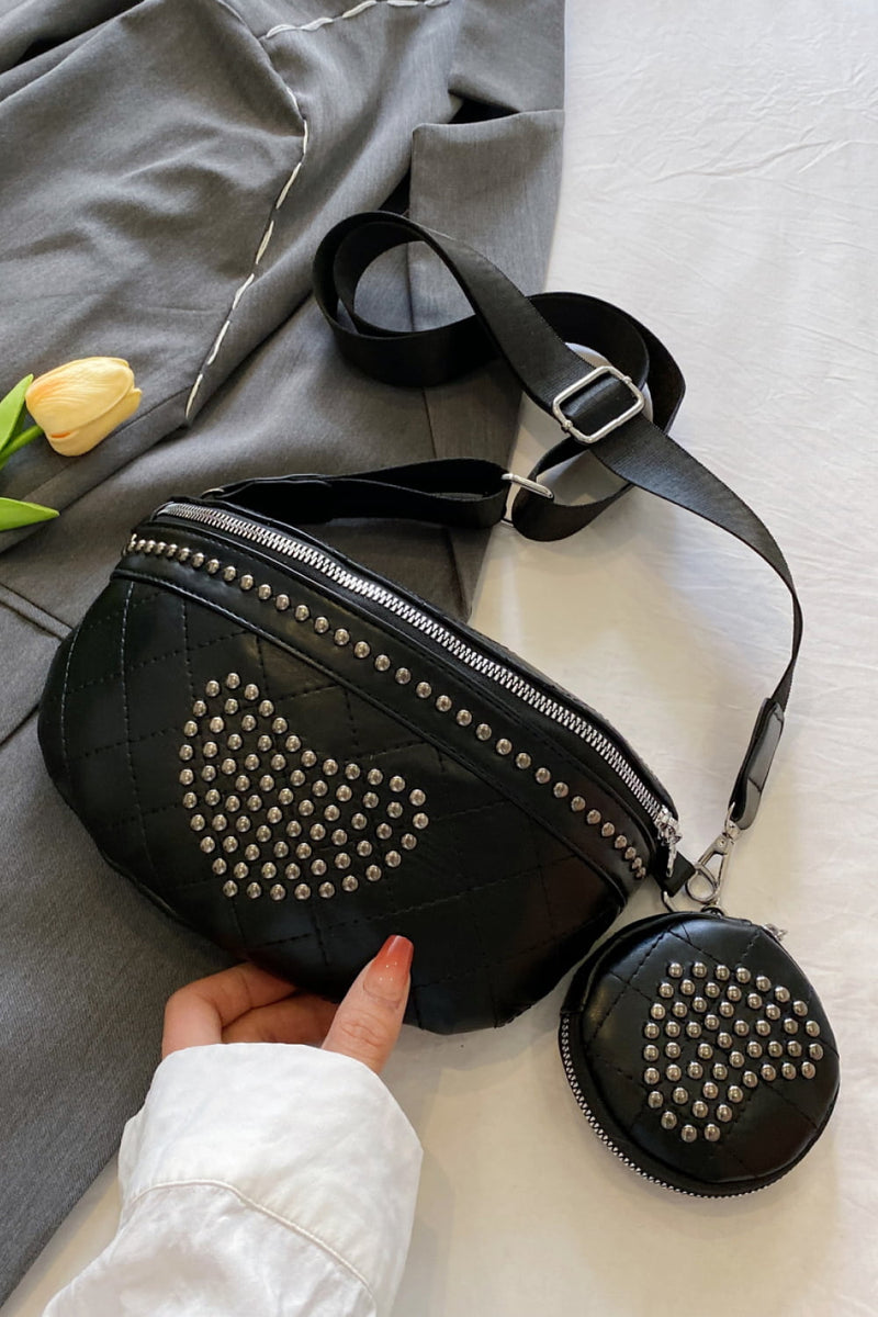 Studded PU Leather Sling Bag with Small Purse