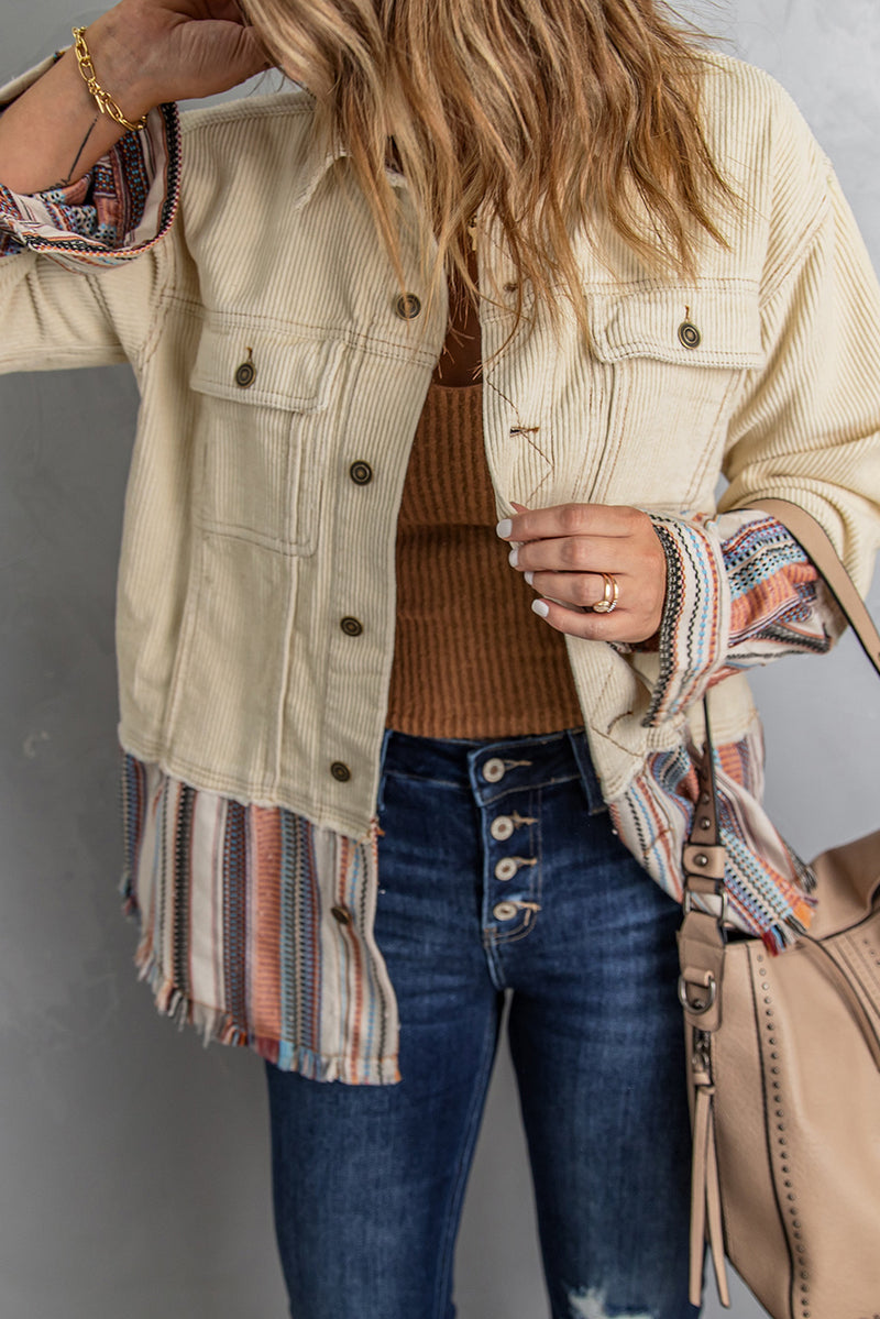 Striped Frayed Hem Corduroy Jacket