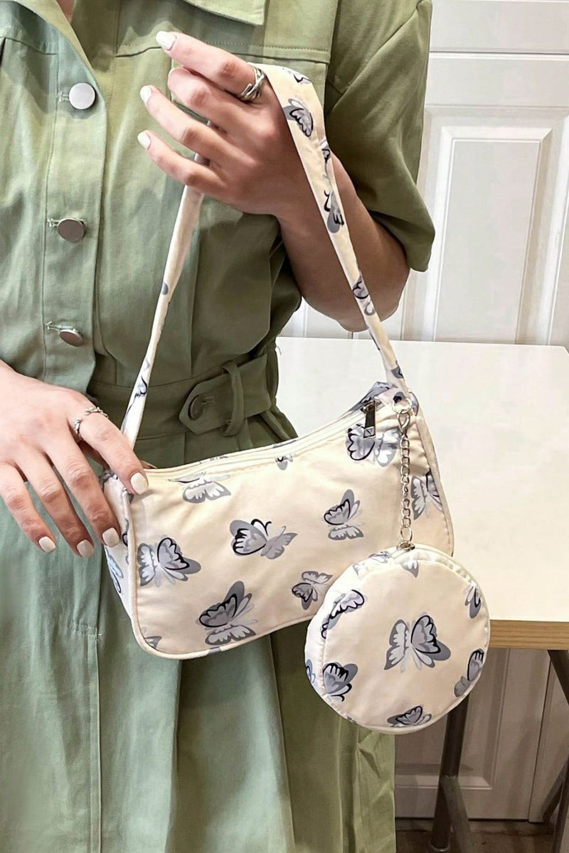 Butterfly Print Shoulder Bag with Purse