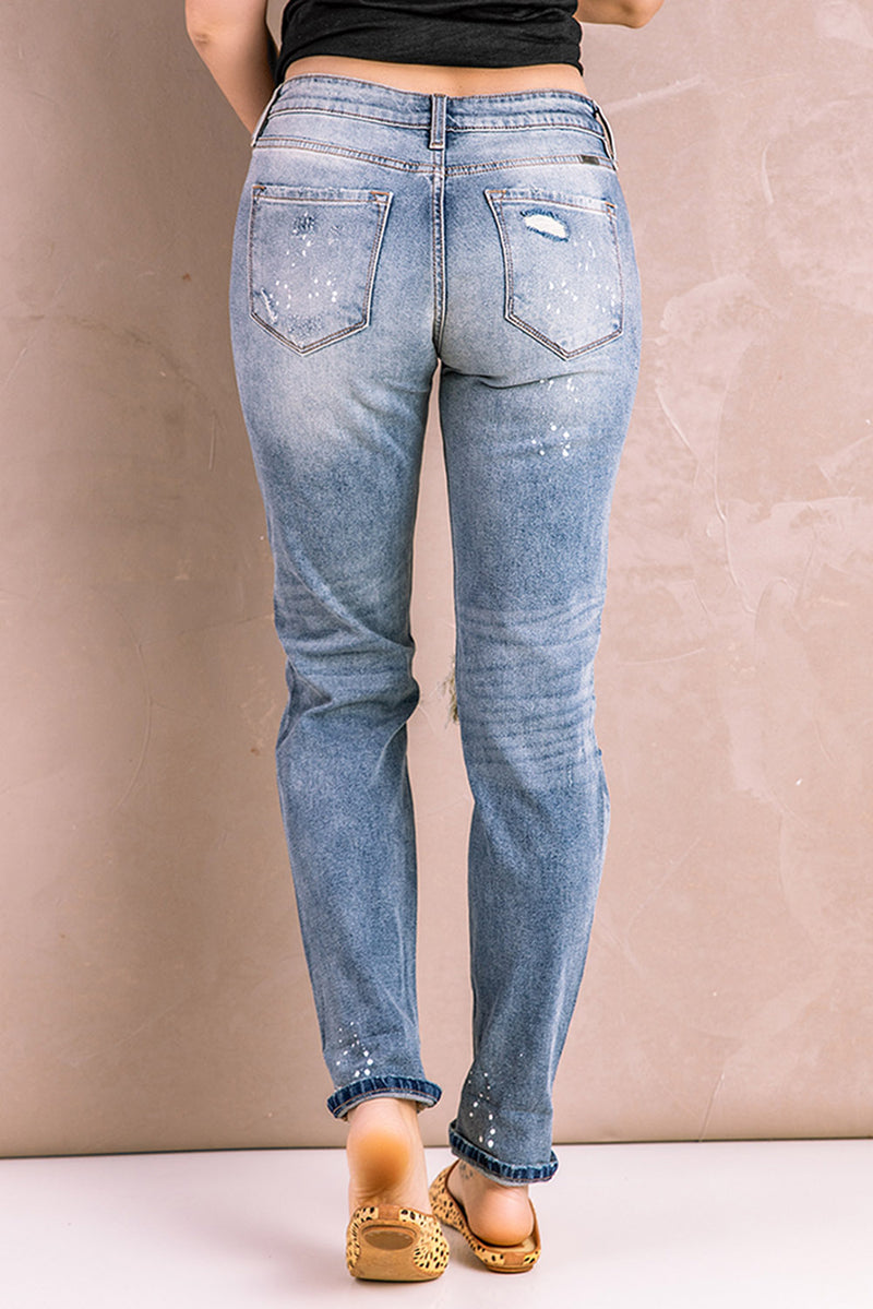 Splatter Distressed Acid Wash Jeans with Pockets