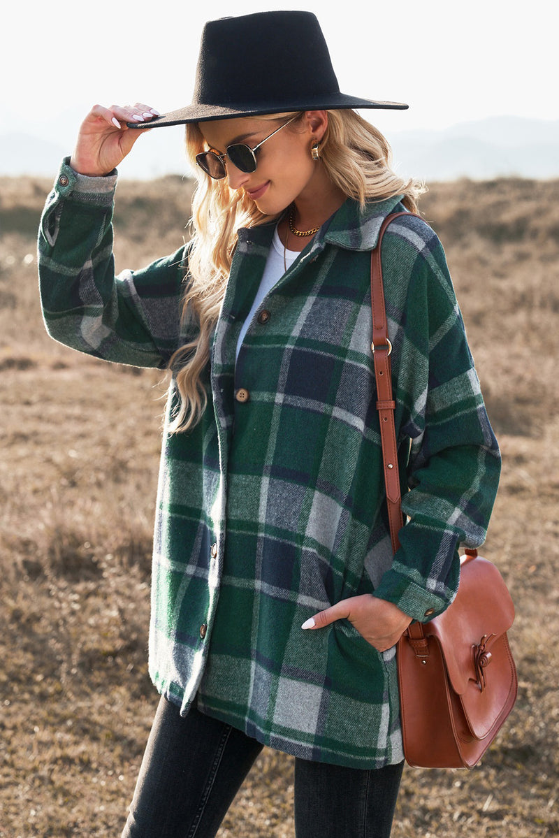 Double Take Plaid Dropped Shoulder Pocketed Shirt Jacket