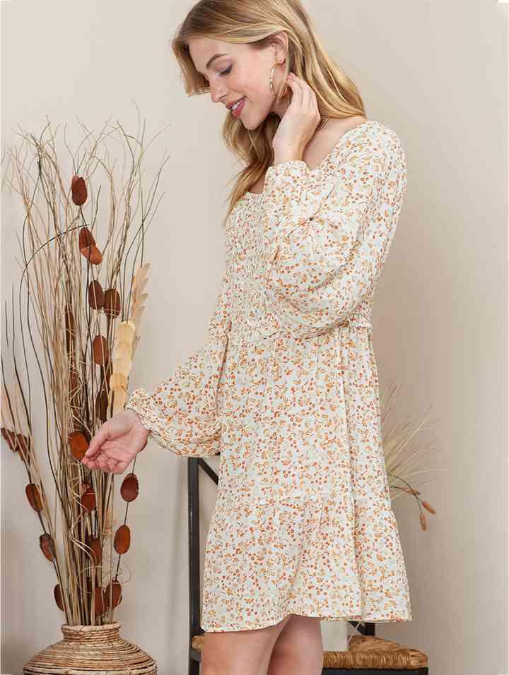 Printed Square Neck Long Sleeve Smocked Dress