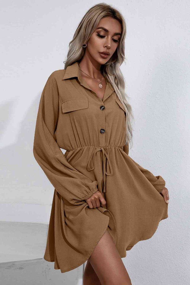 Collared Tie Waist Button Up Shirt Dress