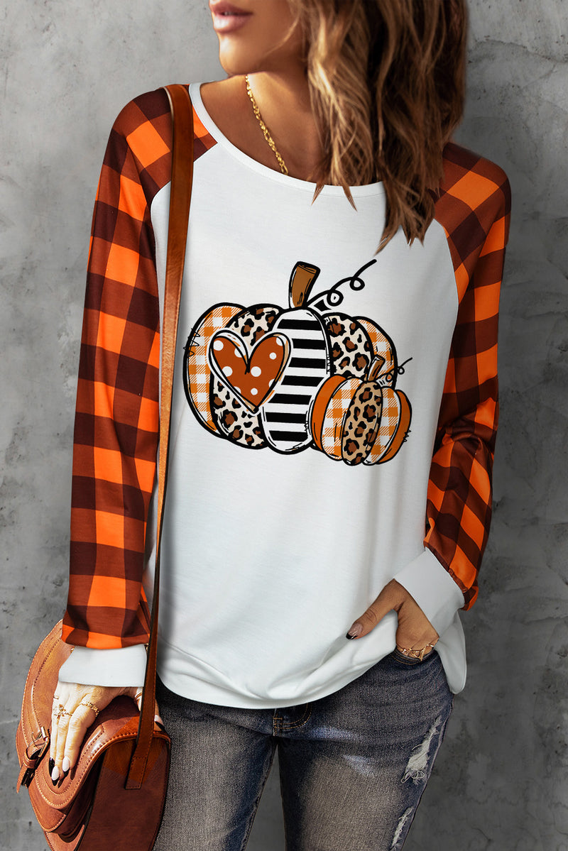 Pumpkin Graphic Round Neck Long Plaid Sleeve Tee