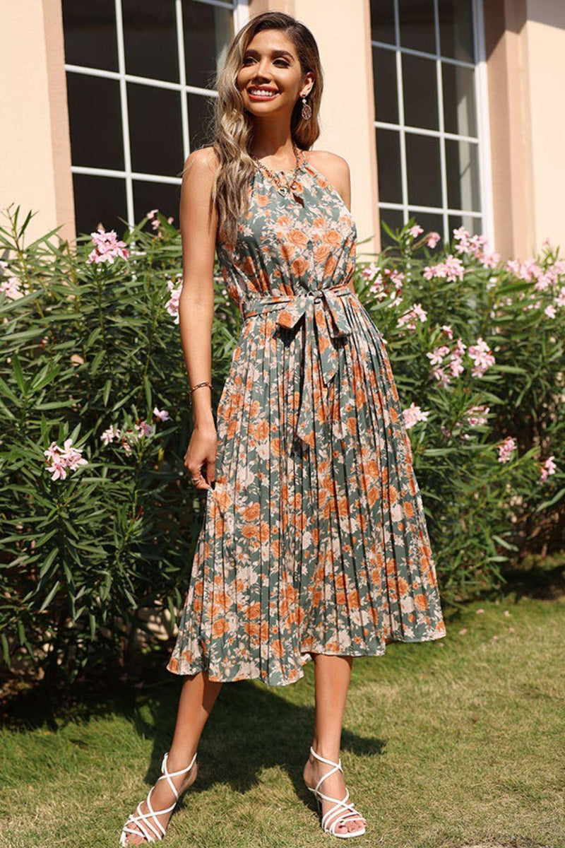 Floral Tie Waist Pleated Dress - AM APPAREL