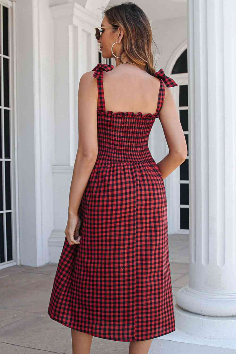 Plaid Frill Trim Tie Shoulder Dress