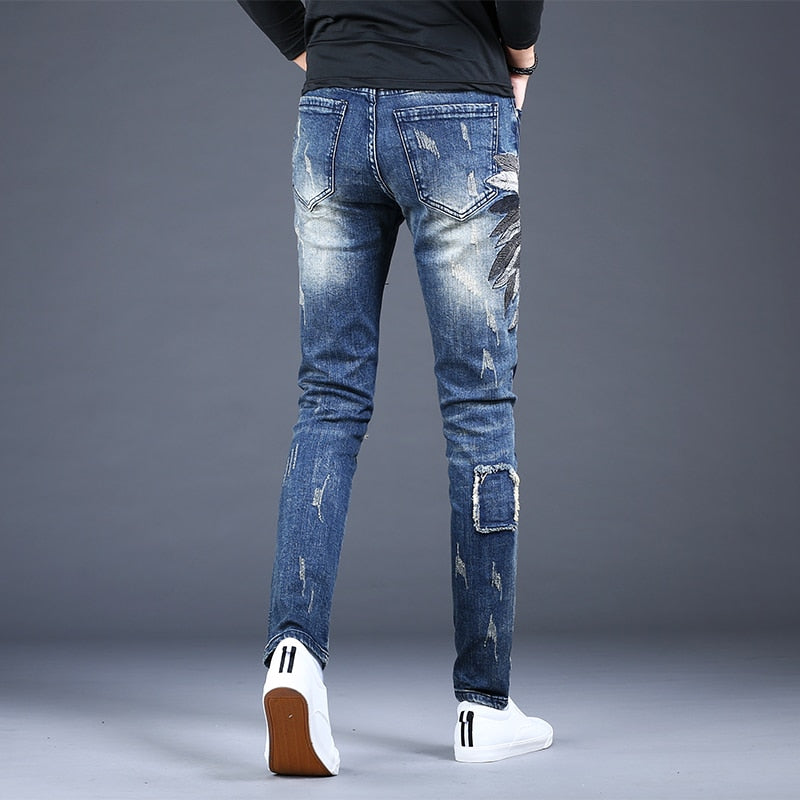 Men's Blue Patch Distressed Slim Fit Jeans