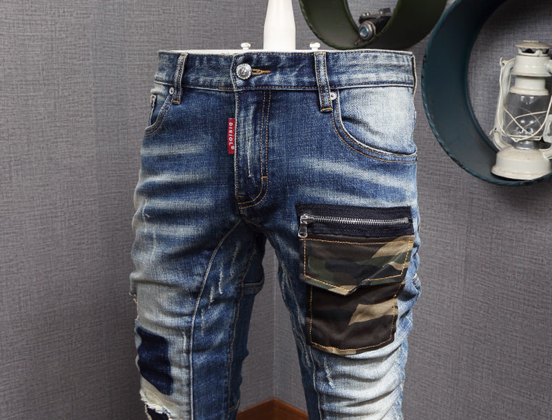 Men's Fashion Distressed Jeans W/ Camo Pocket