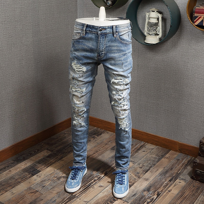 Men's High Street Fashion Light Blue Ripped Jeans