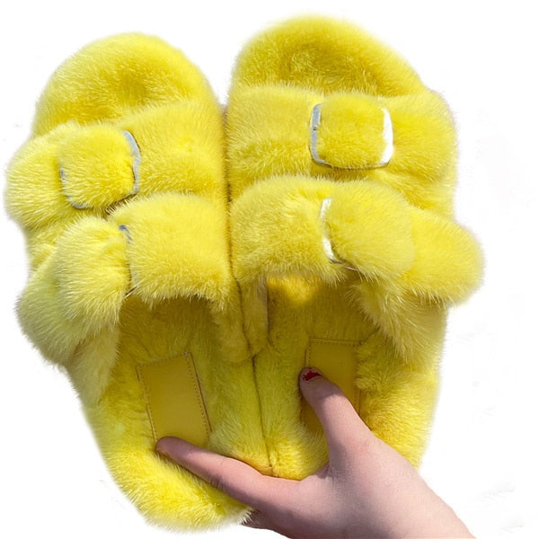 Women's Double Strapped Furry Fluffy Slippers