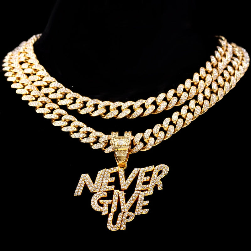 NEVER GIVE UP Unisex Letter Pendant Iced Out Necklace