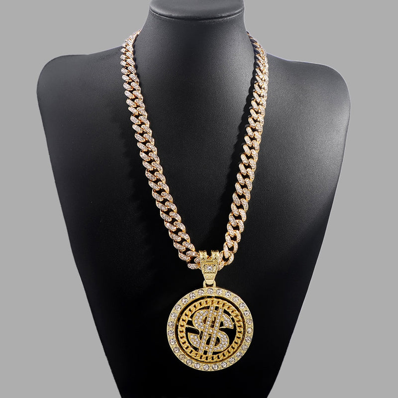 Unisex Bling Rhinestone Dollar Pendant Necklace