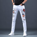 Men's Embroidered White Stretch Slim Jeans