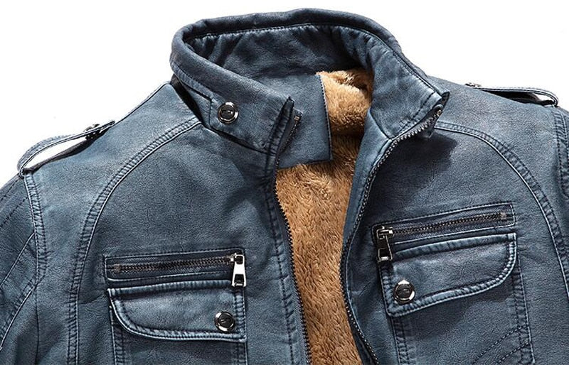 Men's Winter Thick Wool Interior PU Leather Jacket