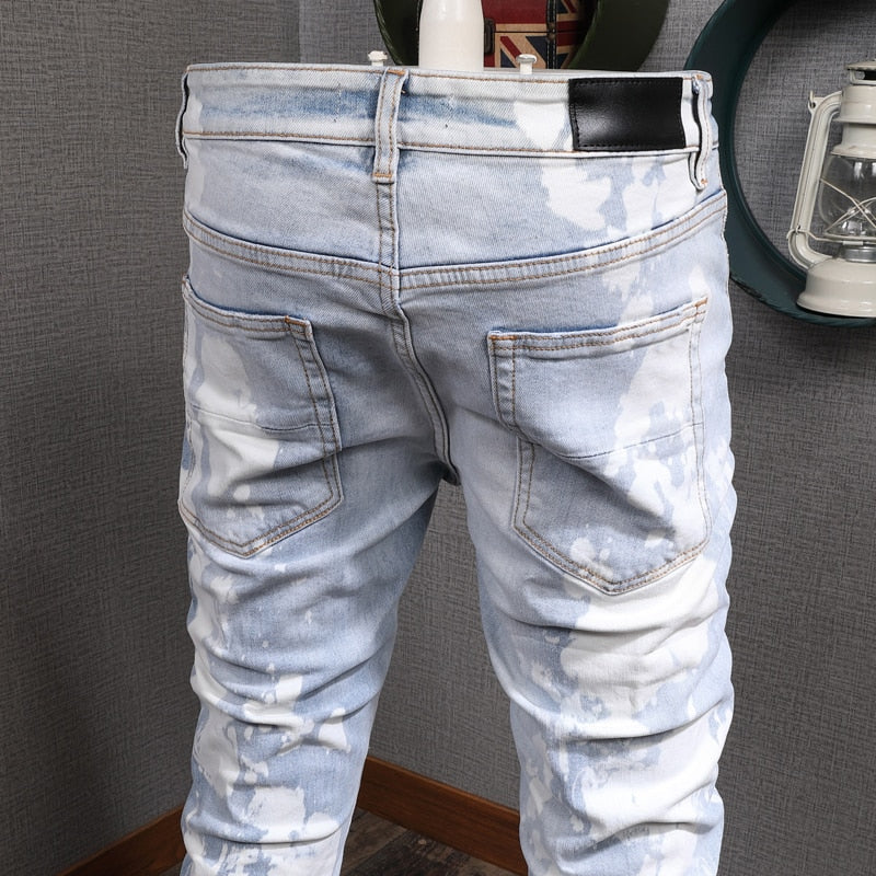 Men's Patchwork Distressed Slim Fit Jeans