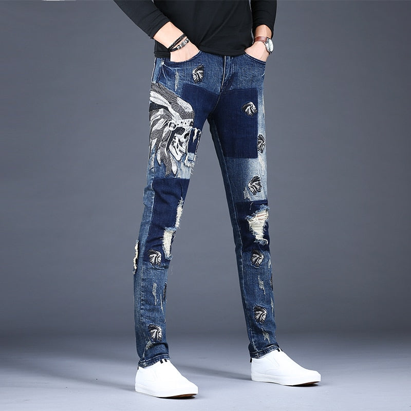 Men's Blue Patch Distressed Slim Fit Jeans