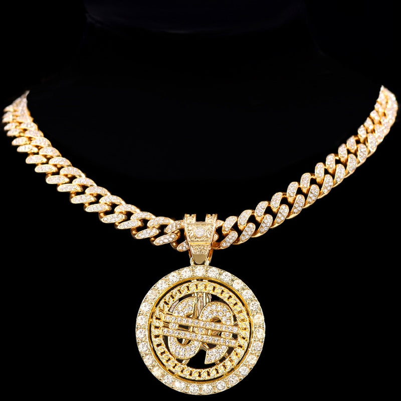 Unisex Bling Rhinestone Dollar Pendant Necklace