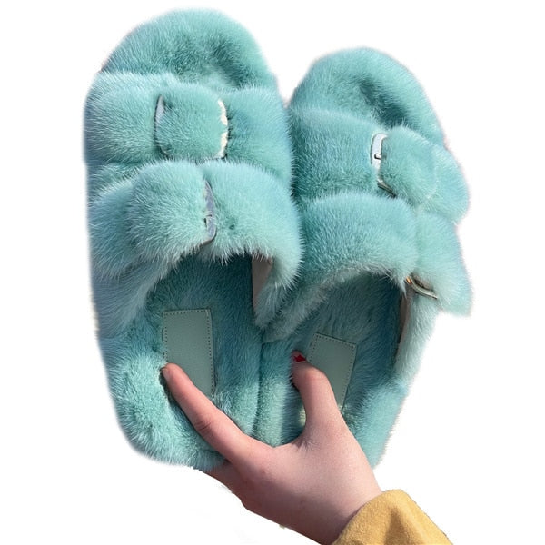 Women's Double Strapped Furry Fluffy Slippers