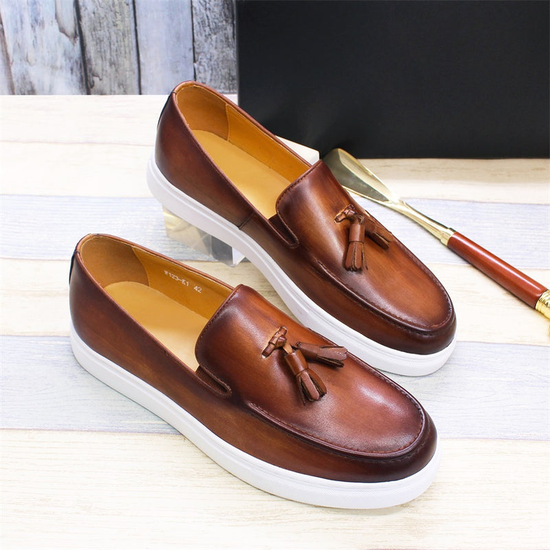 Men's Genuine Leather Handmade Tassel Flat Shoes