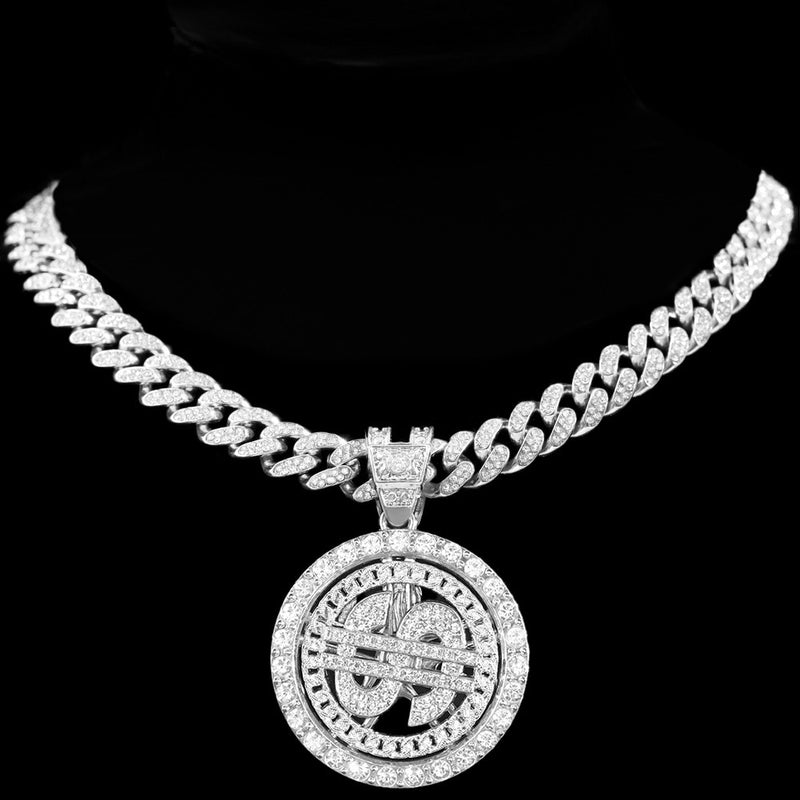 Unisex Bling Rhinestone Dollar Pendant Necklace