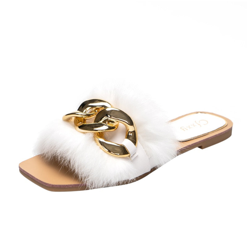 Women's Chain Detail Plush Furry Slippers