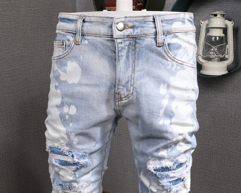 Men's Patchwork Distressed Slim Fit Jeans