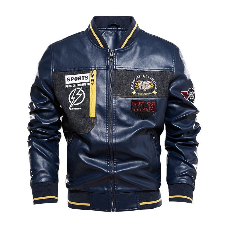 Men's Embroidery Fleece Inside Faux Leather Jacket