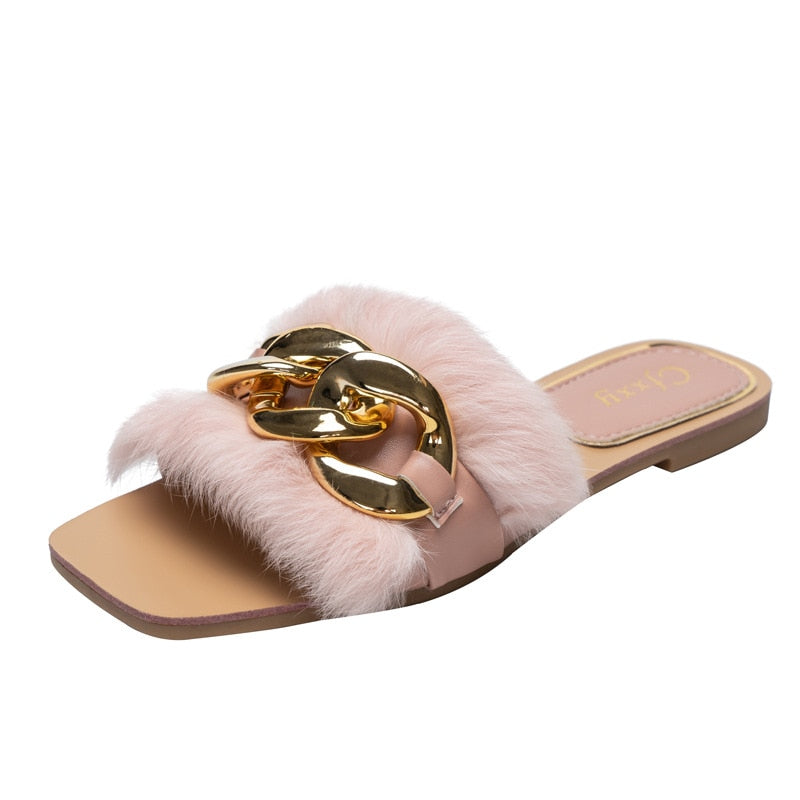 Women's Chain Detail Plush Furry Slippers