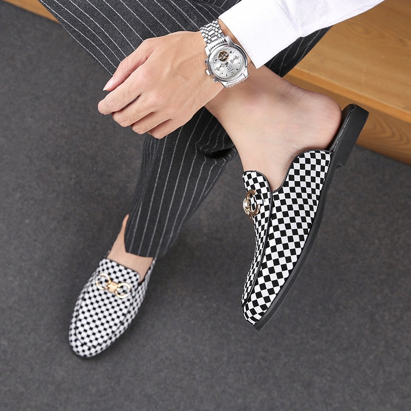 Men' s Plaid Design Backless Loafers