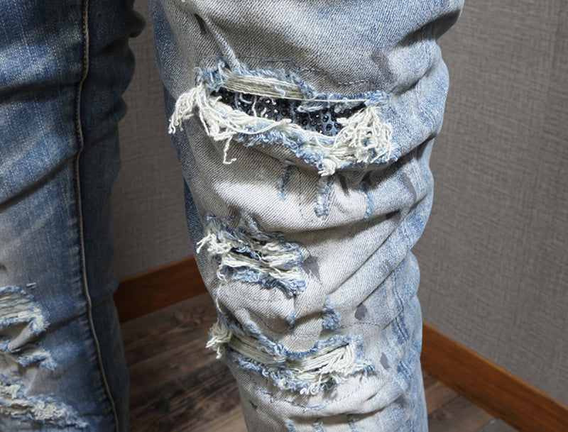 Men's High Street Fashion Light Blue Ripped Jeans