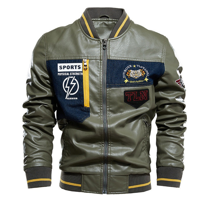 Men's Embroidery Fleece Inside Faux Leather Jacket