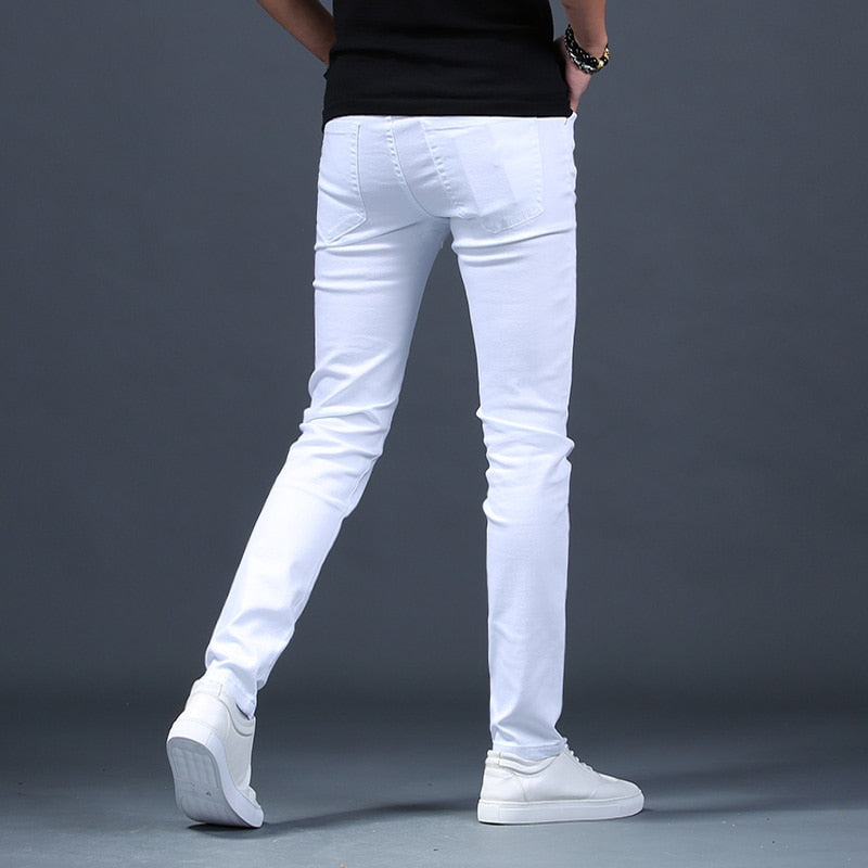 Men's Embroidered White Stretch Slim Jeans