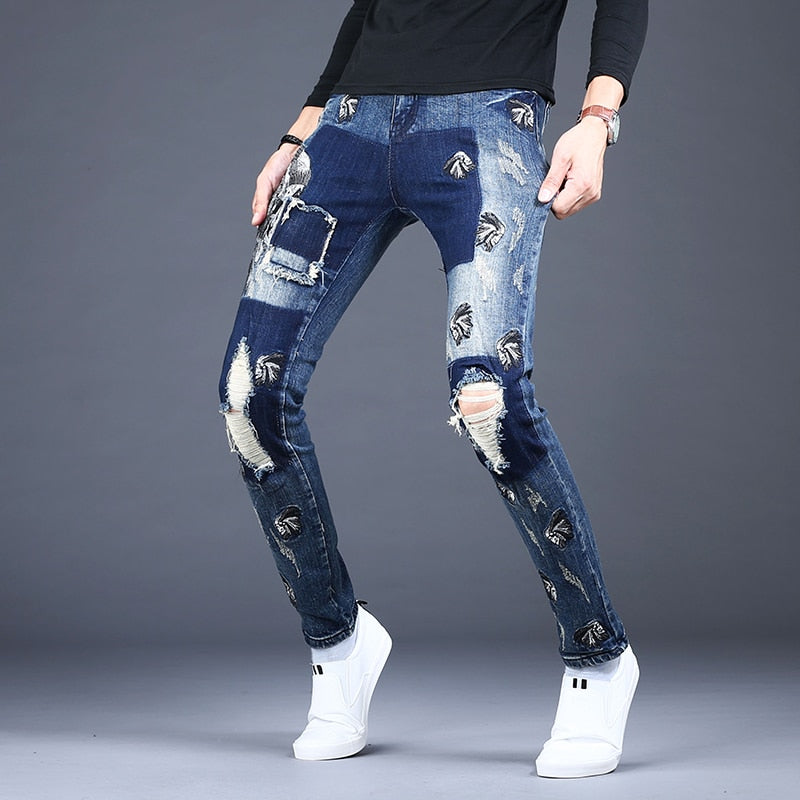 Men's Blue Patch Distressed Slim Fit Jeans