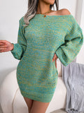 Heathered Boat Neck Lantern Sleeve Sweater Dress