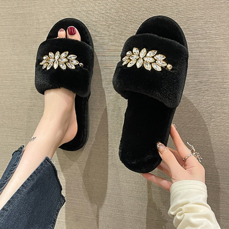 Women's Furry Slippers W/ Crystal Flower Detail