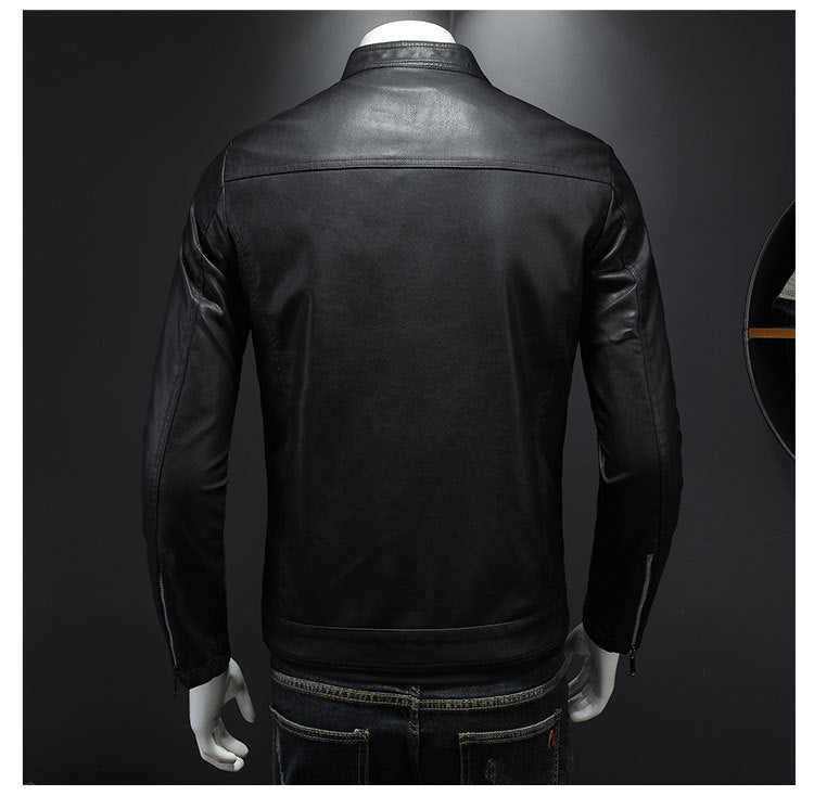 BOUS Men's Stand Collar Pleated PU Leather Jacket