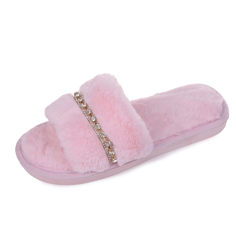 Women's Casual Furry Slippers W/ Rhinestones Detail