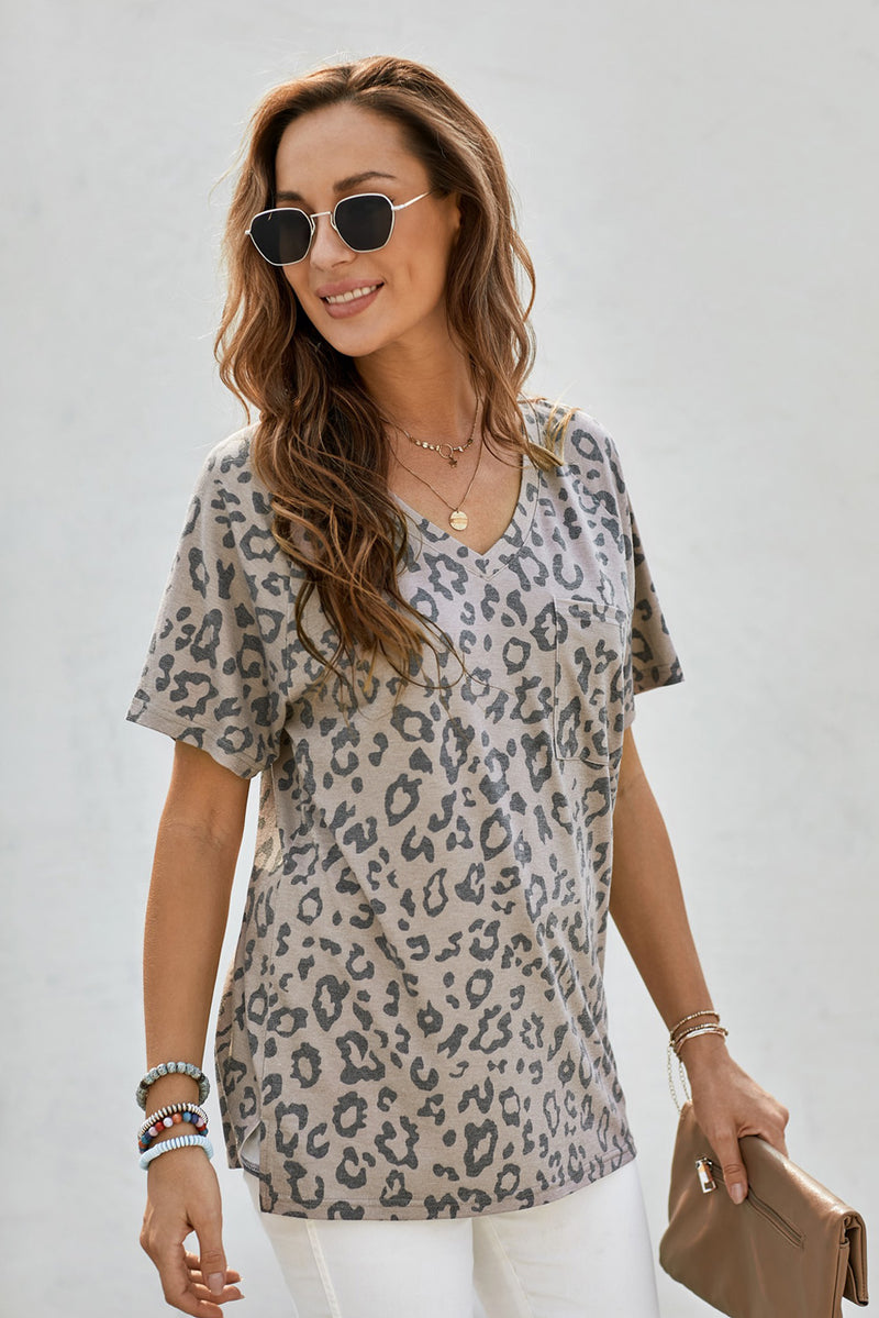 Leopard V-Neck Tee with Pocket